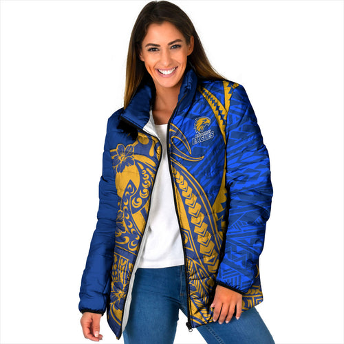 Personalized West Coast Eagles Padded Jacket Polynesian Tribal Eagle Mascot With Hibiscus Floral Art