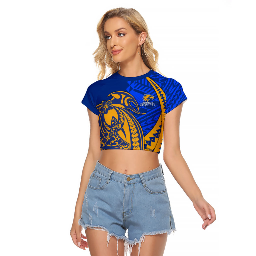 Personalized West Coast Eagles Raglan Cropped T Shirt Polynesian Tribal Eagle Mascot With Hibiscus Floral Art