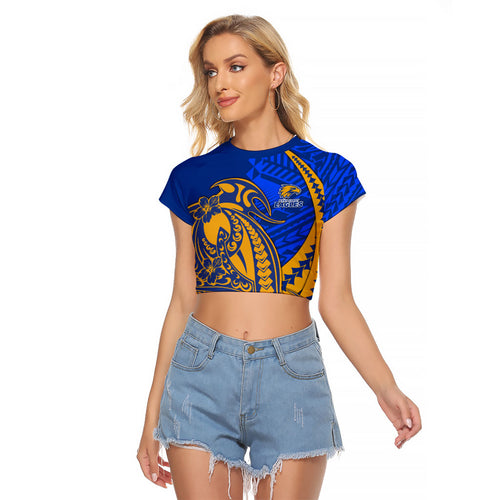 Personalized West Coast Eagles Raglan Cropped T Shirt Polynesian Tribal Eagle Mascot With Hibiscus Floral Art
