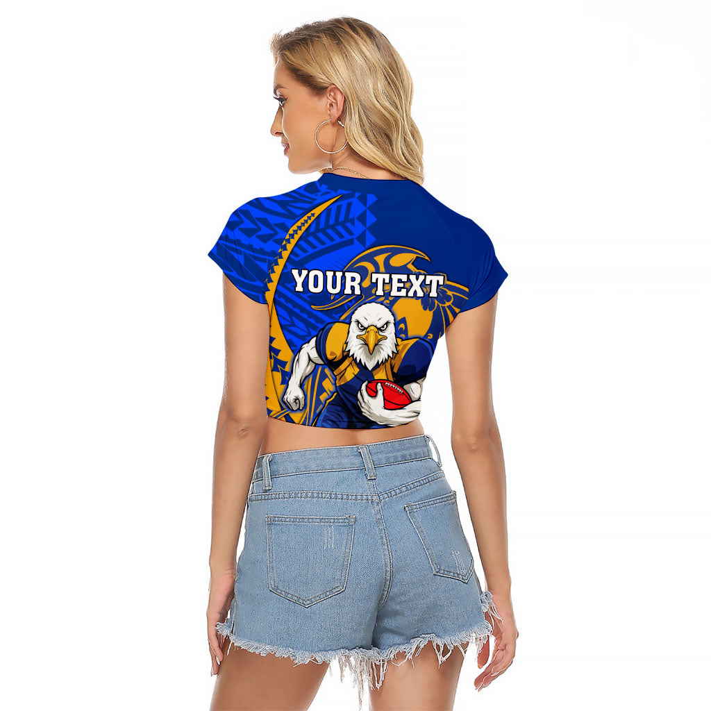 Personalized West Coast Eagles Raglan Cropped T Shirt Polynesian Tribal Eagle Mascot With Hibiscus Floral Art
