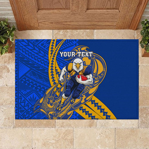 Personalized West Coast Eagles Rubber Doormat Polynesian Tribal Eagle Mascot With Hibiscus Floral Art