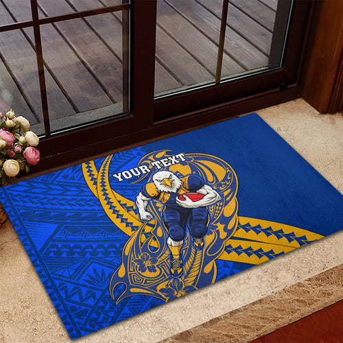 Personalized West Coast Eagles Rubber Doormat Polynesian Tribal Eagle Mascot With Hibiscus Floral Art