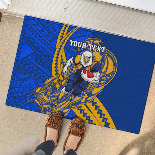Personalized West Coast Eagles Rubber Doormat Polynesian Tribal Eagle Mascot With Hibiscus Floral Art