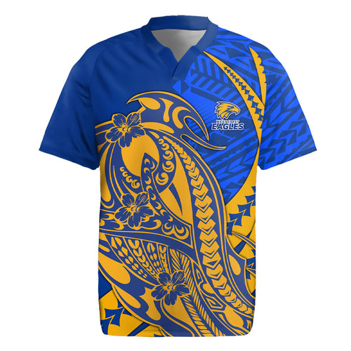 Personalized West Coast Eagles Rugby Jersey Polynesian Tribal Eagle Mascot With Hibiscus Floral Art