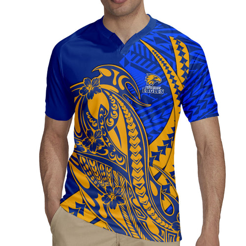 Personalized West Coast Eagles Rugby Jersey Polynesian Tribal Eagle Mascot With Hibiscus Floral Art