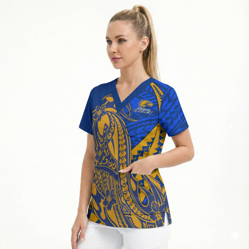 Personalized West Coast Eagles Scrub Top Polynesian Tribal Eagle Mascot With Hibiscus Floral Art