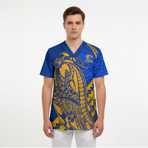 Personalized West Coast Eagles Scrub Top Polynesian Tribal Eagle Mascot With Hibiscus Floral Art