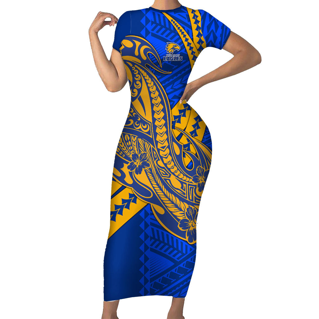 Personalized West Coast Eagles Short Sleeve Bodycon Dress Polynesian Tribal Eagle Mascot With Hibiscus Floral Art