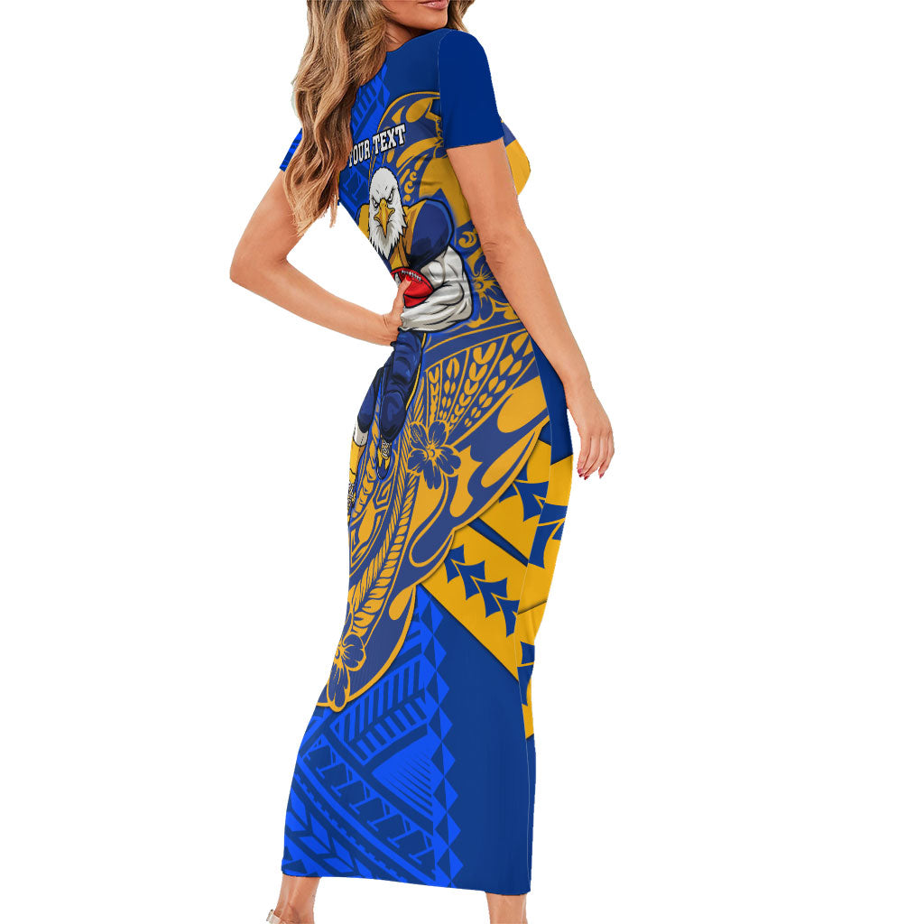 Personalized West Coast Eagles Short Sleeve Bodycon Dress Polynesian Tribal Eagle Mascot With Hibiscus Floral Art