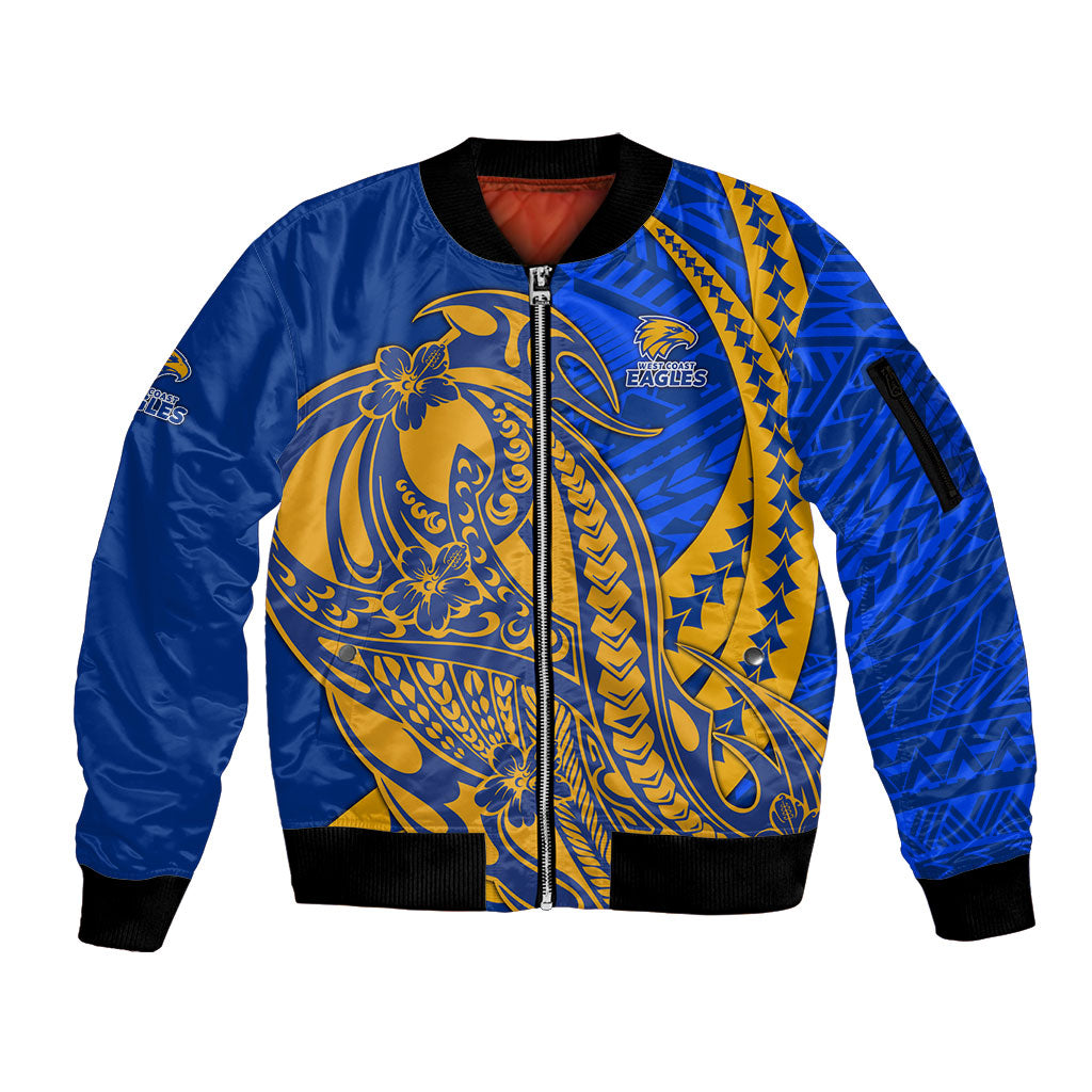 Personalized West Coast Eagles Sleeve Zip Bomber Jacket Polynesian Tribal Eagle Mascot With Hibiscus Floral Art