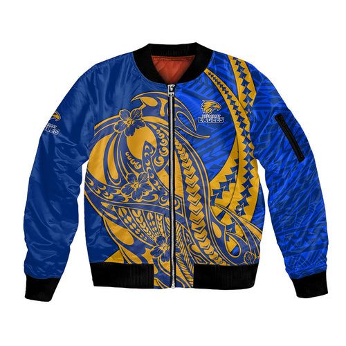 Personalized West Coast Eagles Sleeve Zip Bomber Jacket Polynesian Tribal Eagle Mascot With Hibiscus Floral Art
