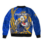 Personalized West Coast Eagles Sleeve Zip Bomber Jacket Polynesian Tribal Eagle Mascot With Hibiscus Floral Art