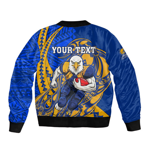 Personalized West Coast Eagles Sleeve Zip Bomber Jacket Polynesian Tribal Eagle Mascot With Hibiscus Floral Art