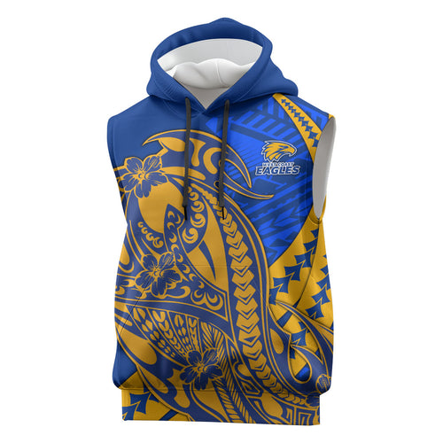 Personalized West Coast Eagles Sleeveless Hoodie Polynesian Tribal Eagle Mascot With Hibiscus Floral Art