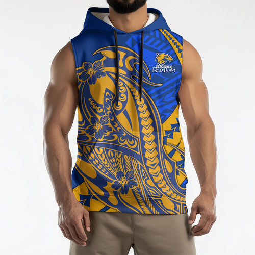 Personalized West Coast Eagles Sleeveless Hoodie Polynesian Tribal Eagle Mascot With Hibiscus Floral Art