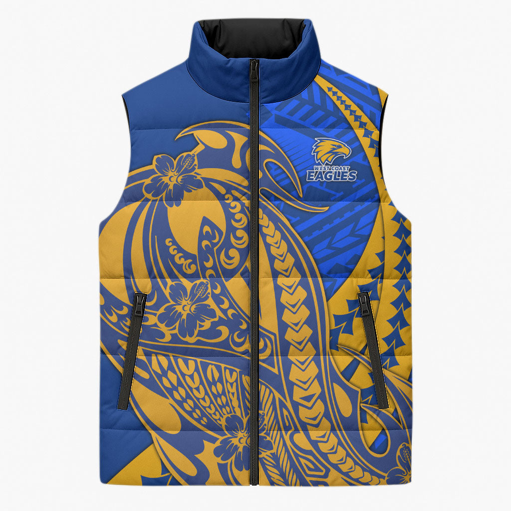 Personalized West Coast Eagles Sleeveless Puffer Jacket Polynesian Tribal Eagle Mascot With Hibiscus Floral Art
