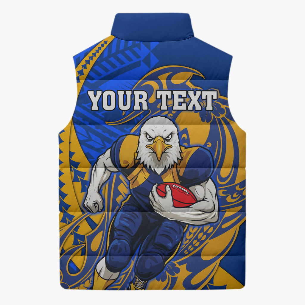 Personalized West Coast Eagles Sleeveless Puffer Jacket Polynesian Tribal Eagle Mascot With Hibiscus Floral Art