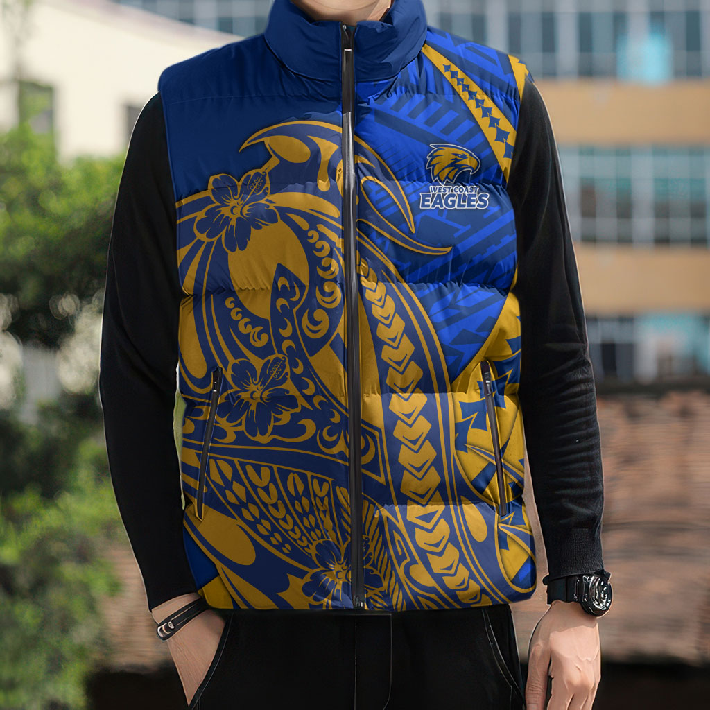 Personalized West Coast Eagles Sleeveless Puffer Jacket Polynesian Tribal Eagle Mascot With Hibiscus Floral Art
