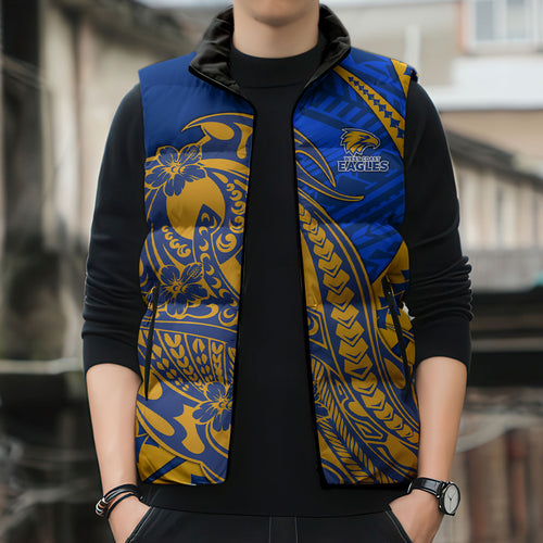 Personalized West Coast Eagles Sleeveless Puffer Jacket Polynesian Tribal Eagle Mascot With Hibiscus Floral Art