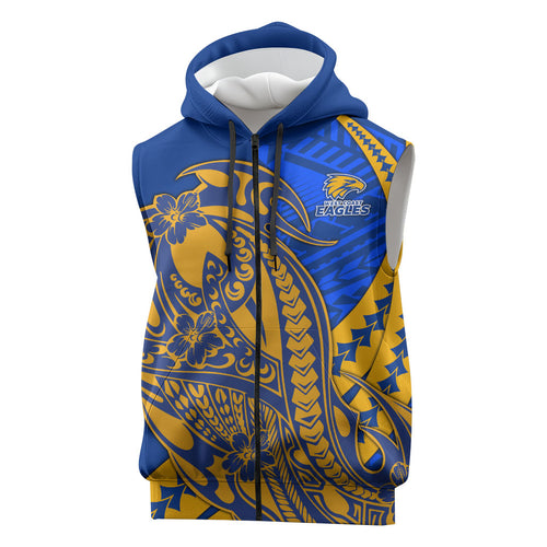 Personalized West Coast Eagles Sleeveless Zip Hoodie Polynesian Tribal Eagle Mascot With Hibiscus Floral Art