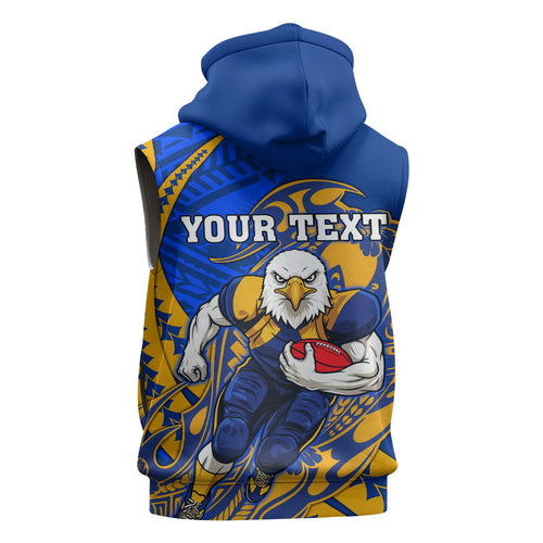 Personalized West Coast Eagles Sleeveless Zip Hoodie Polynesian Tribal Eagle Mascot With Hibiscus Floral Art
