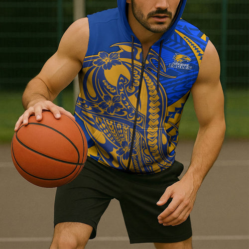 Personalized West Coast Eagles Sleeveless Zip Hoodie Polynesian Tribal Eagle Mascot With Hibiscus Floral Art
