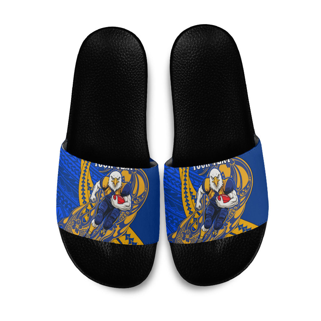 Personalized West Coast Eagles Slide Sandals Polynesian Tribal Eagle Mascot With Hibiscus Floral Art