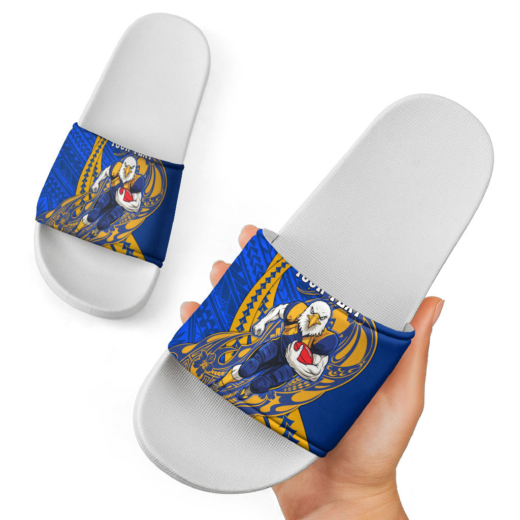 Personalized West Coast Eagles Slide Sandals Polynesian Tribal Eagle Mascot With Hibiscus Floral Art