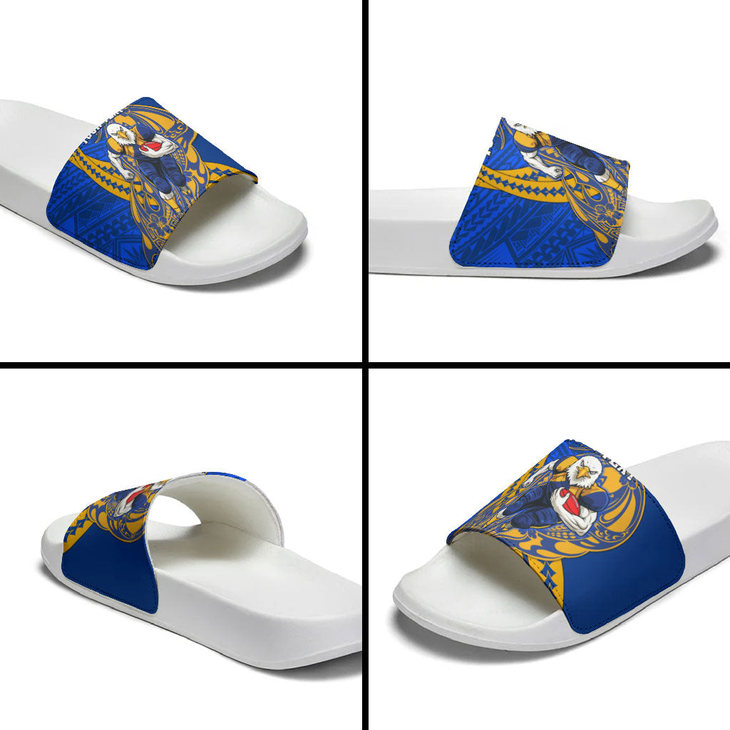 Personalized West Coast Eagles Slide Sandals Polynesian Tribal Eagle Mascot With Hibiscus Floral Art