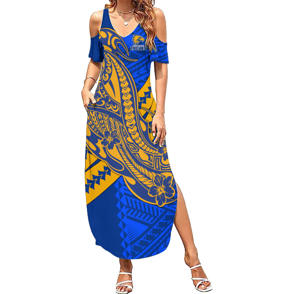 Personalized West Coast Eagles Summer Maxi Dress Polynesian Tribal Eagle Mascot With Hibiscus Floral Art