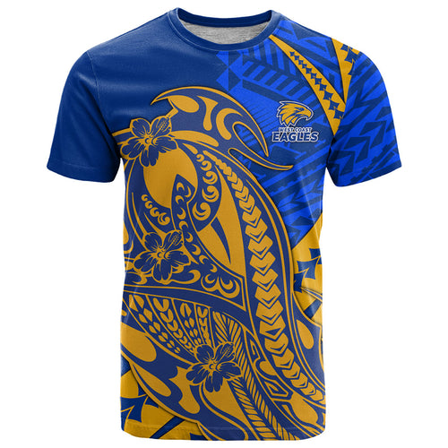 Personalized West Coast Eagles T Shirt Polynesian Tribal Eagle Mascot With Hibiscus Floral Art