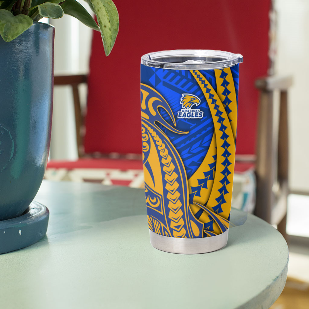 Personalized West Coast Eagles Tumbler Cup Polynesian Tribal Eagle Mascot With Hibiscus Floral Art