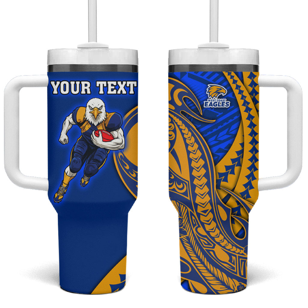 Personalized West Coast Eagles Tumbler With Handle Polynesian Tribal Eagle Mascot With Hibiscus Floral Art