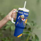 Personalized West Coast Eagles Tumbler With Handle Polynesian Tribal Eagle Mascot With Hibiscus Floral Art