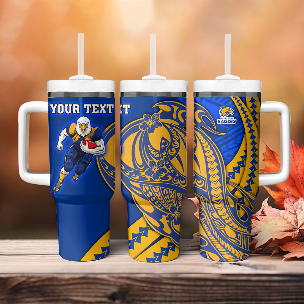 Personalized West Coast Eagles Tumbler With Handle Polynesian Tribal Eagle Mascot With Hibiscus Floral Art