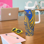 Personalized West Coast Eagles Tumbler With Handle Polynesian Tribal Eagle Mascot With Hibiscus Floral Art