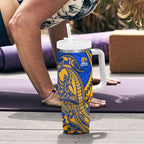 Personalized West Coast Eagles Tumbler With Handle Polynesian Tribal Eagle Mascot With Hibiscus Floral Art