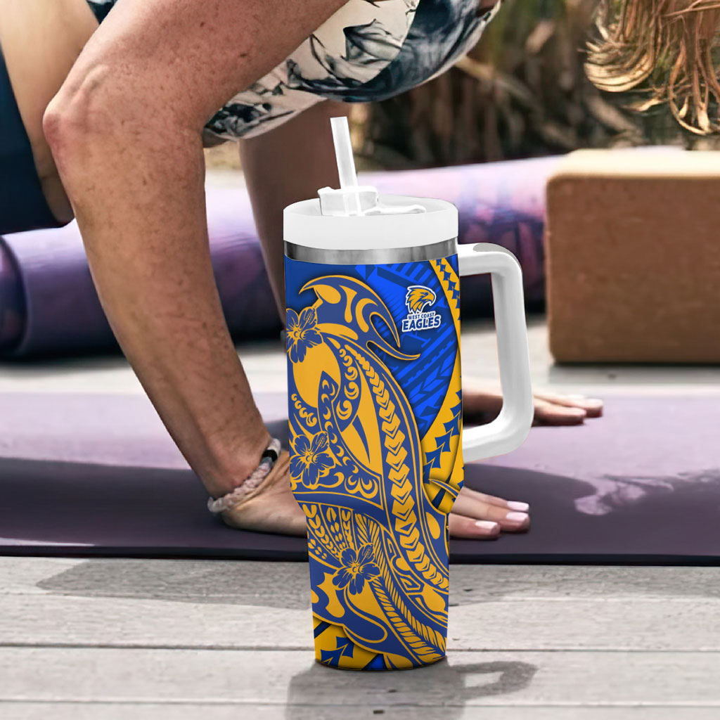 Personalized West Coast Eagles Tumbler With Handle Polynesian Tribal Eagle Mascot With Hibiscus Floral Art