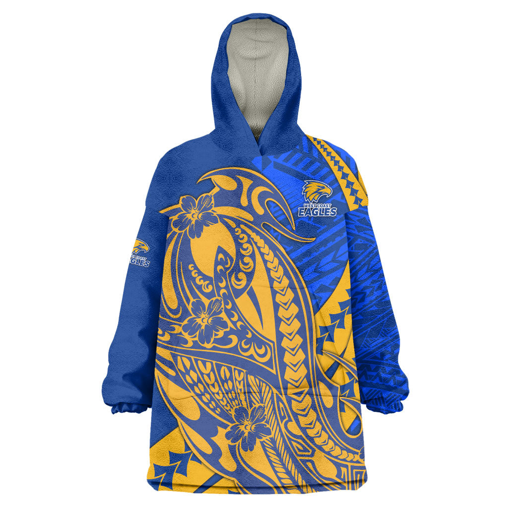 Personalized West Coast Eagles Wearable Blanket Hoodie Polynesian Tribal Eagle Mascot With Hibiscus Floral Art