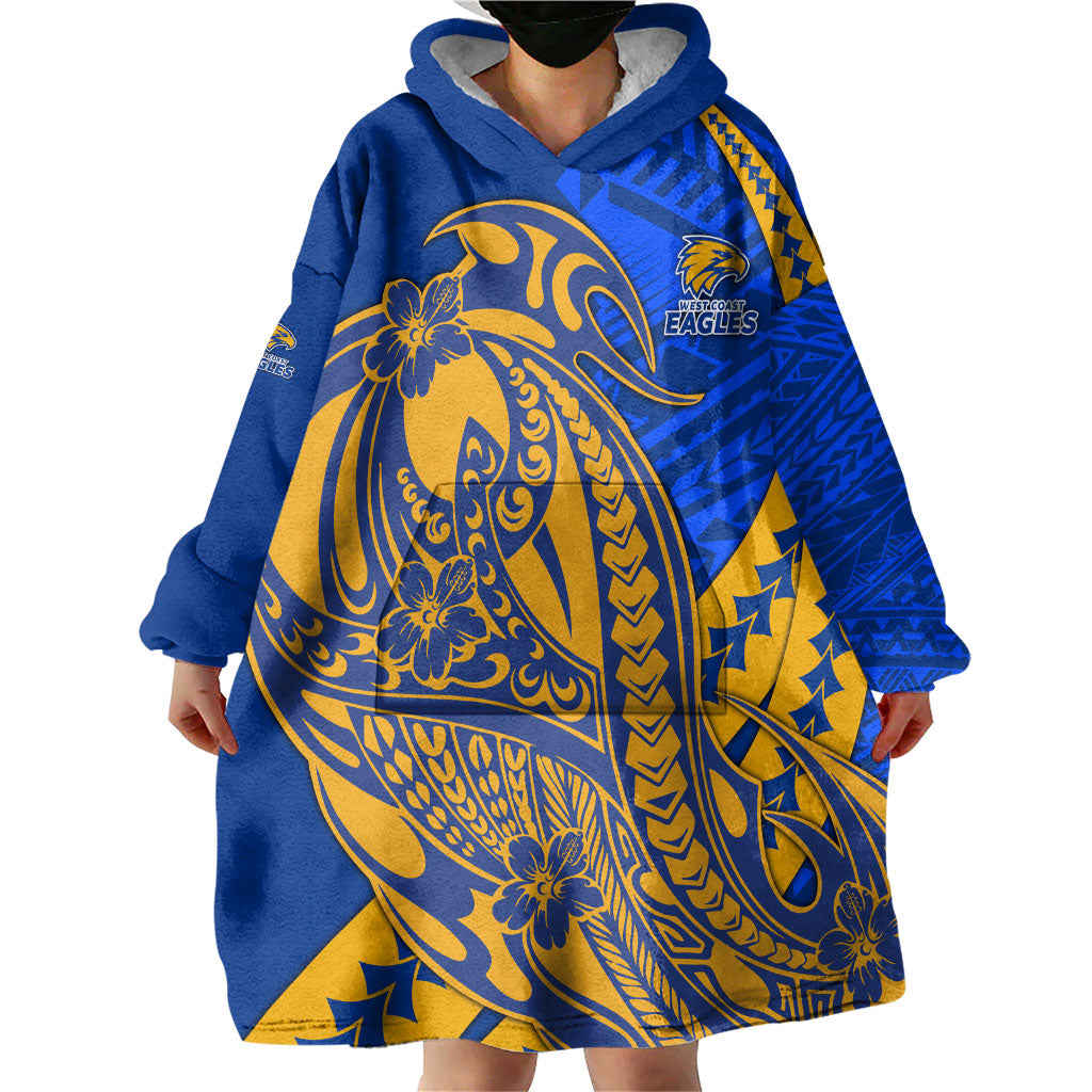 Personalized West Coast Eagles Wearable Blanket Hoodie Polynesian Tribal Eagle Mascot With Hibiscus Floral Art