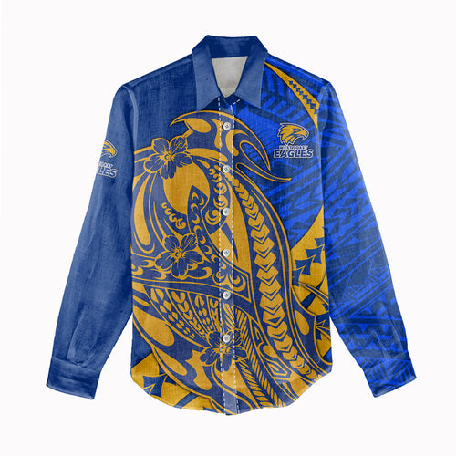Personalized West Coast Eagles Women Casual Shirt Polynesian Tribal Eagle Mascot With Hibiscus Floral Art