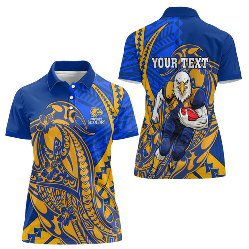Personalized West Coast Eagles Women Polo Shirt Polynesian Tribal Eagle Mascot With Hibiscus Floral Art