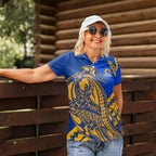 Personalized West Coast Eagles Women Polo Shirt Polynesian Tribal Eagle Mascot With Hibiscus Floral Art