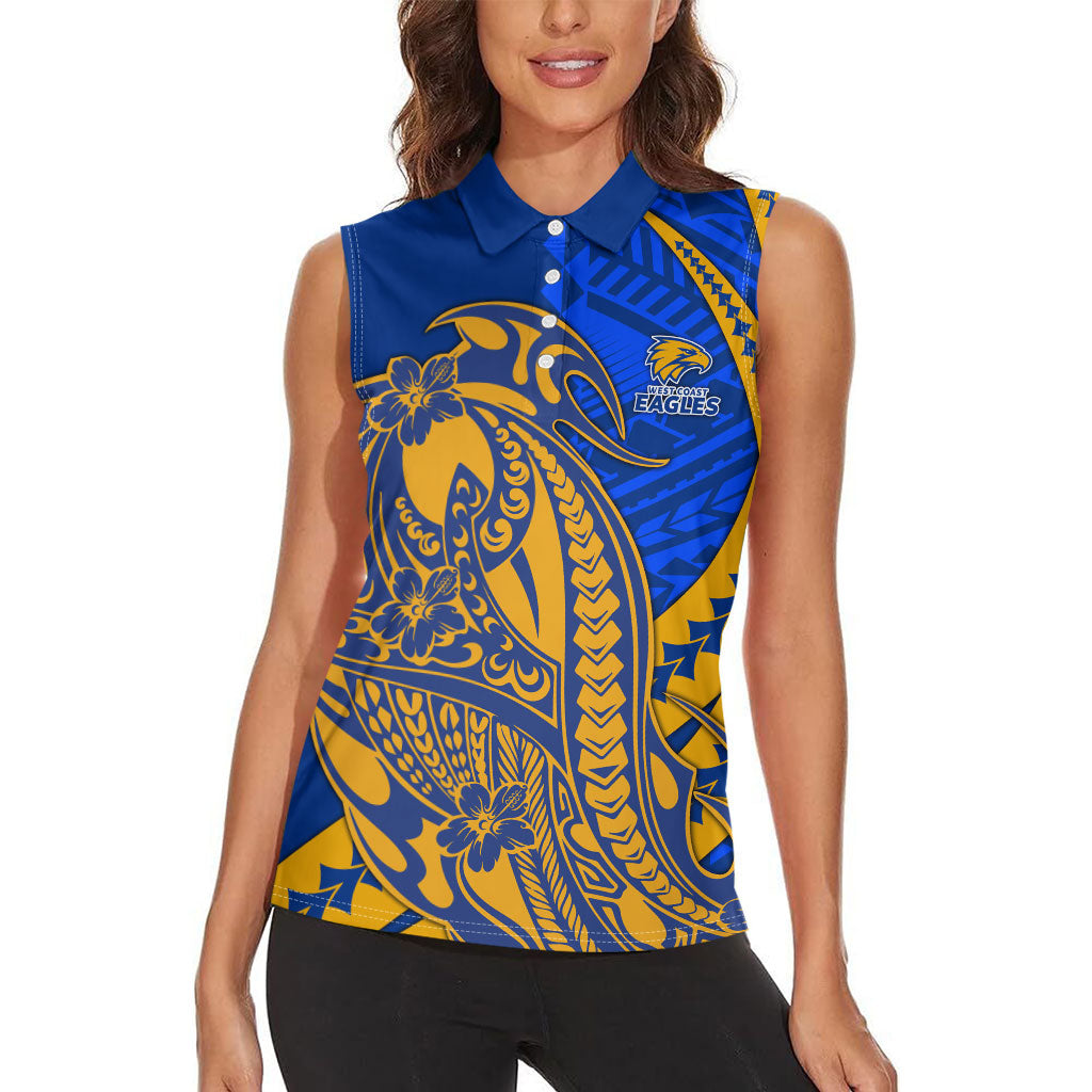 Personalized West Coast Eagles Women Sleeveless Polo Shirt Polynesian Tribal Eagle Mascot With Hibiscus Floral Art