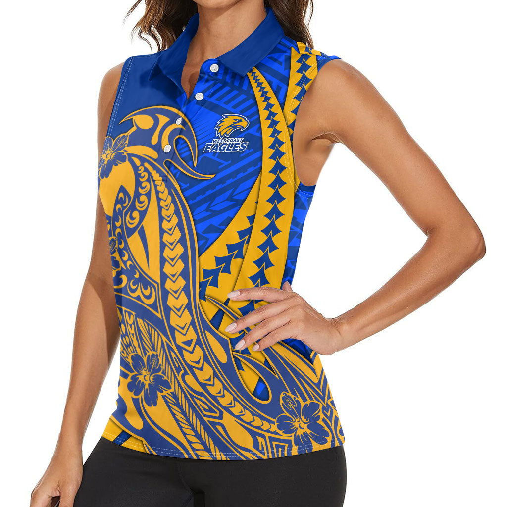 Personalized West Coast Eagles Women Sleeveless Polo Shirt Polynesian Tribal Eagle Mascot With Hibiscus Floral Art