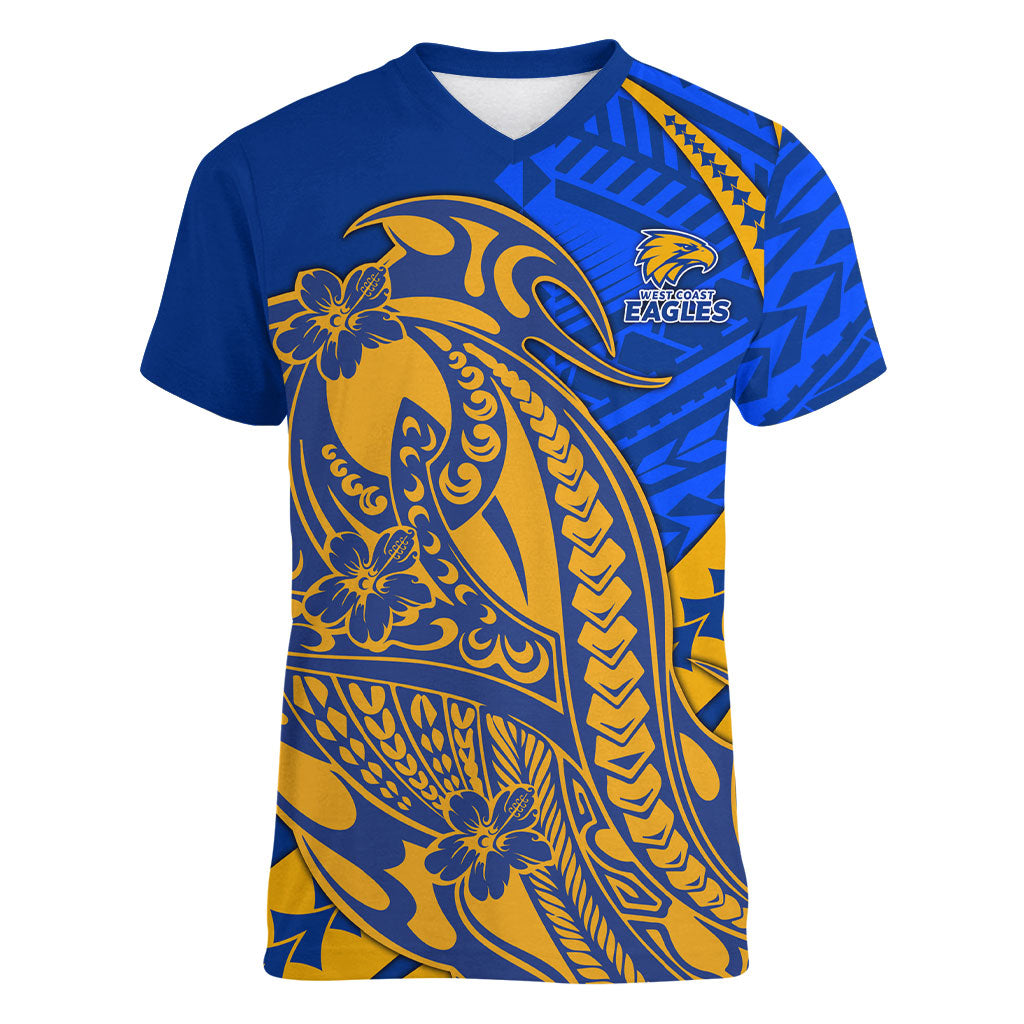 Personalized West Coast Eagles Women V-Neck T-Shirt Polynesian Tribal Eagle Mascot With Hibiscus Floral Art