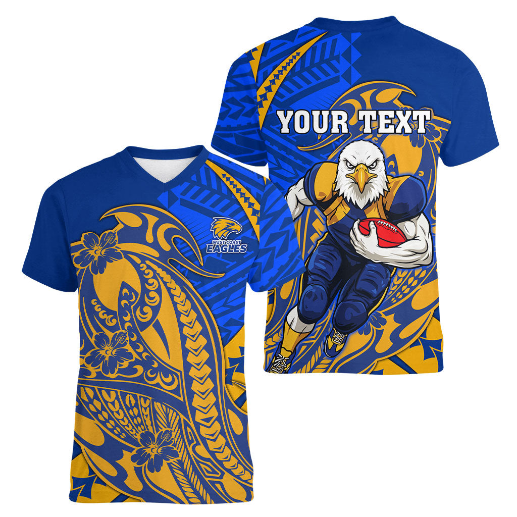Personalized West Coast Eagles Women V-Neck T-Shirt Polynesian Tribal Eagle Mascot With Hibiscus Floral Art