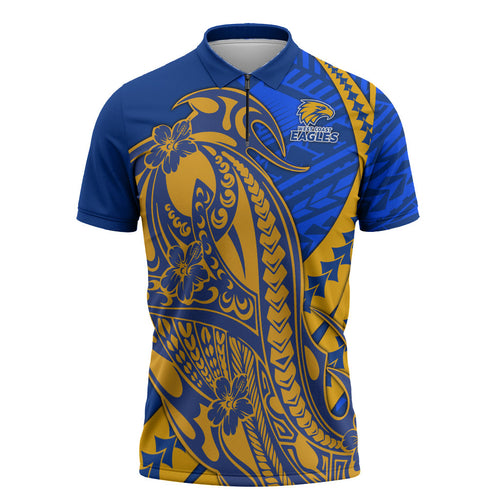 Personalized West Coast Eagles Zipper Polo Shirt Polynesian Tribal Eagle Mascot With Hibiscus Floral Art