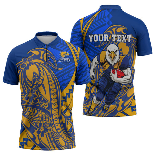 Personalized West Coast Eagles Zipper Polo Shirt Polynesian Tribal Eagle Mascot With Hibiscus Floral Art