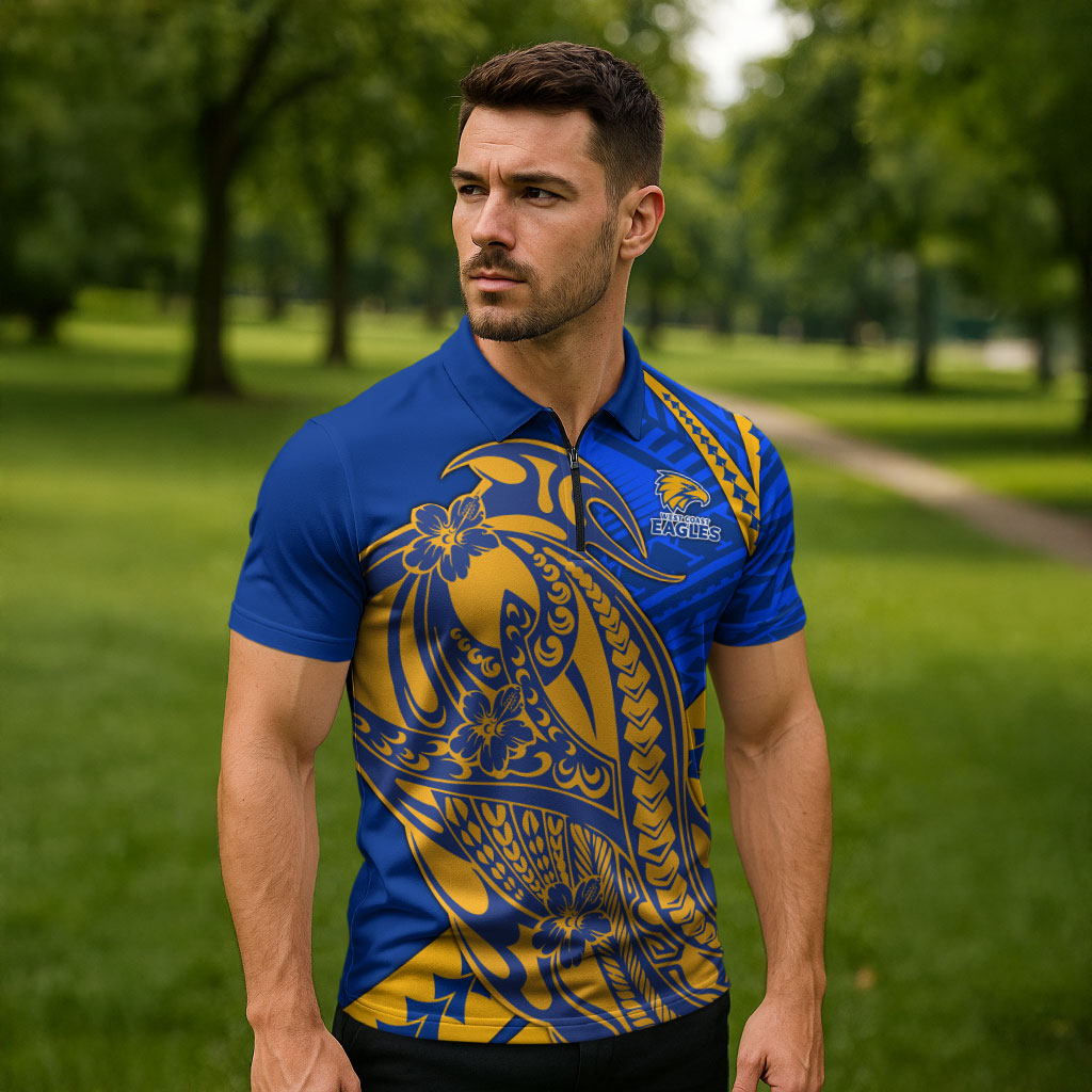 Personalized West Coast Eagles Zipper Polo Shirt Polynesian Tribal Eagle Mascot With Hibiscus Floral Art